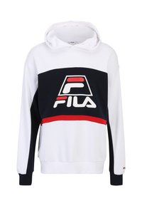 Witte en marineblauwe hoodie met een gedurfde rode streep. Bevat een groot FILA-logo aan de voorkant, lange mouwen en een capuchon met trekkoord. Zachte stof.