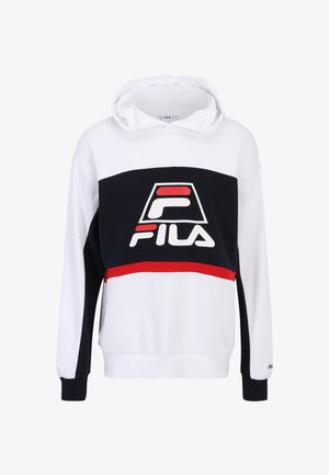 Hvid og marineblå hoodie med en kraftig rød stribe. Har et stort FILA-logo foran, lange ærmer og en hætte med snøre. Blødt stof.