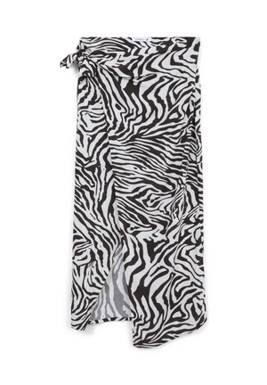 Gonna avvolgente con stampa zebra in bianco e nero, tessuto trasparente, dettaglio annodato in vita, design fluido, orlo asimmetrico, texture leggera.