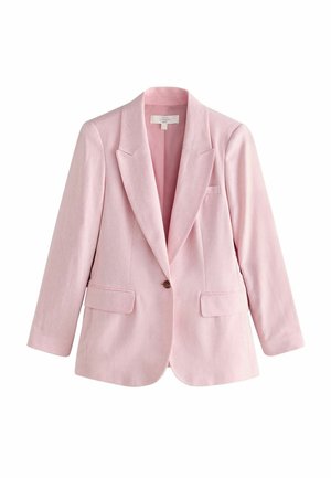Lichtroze blazer met één knoop, klepkragen, klepzakken aan de voorkant en een borstzak, gemaakt van linnen stof.