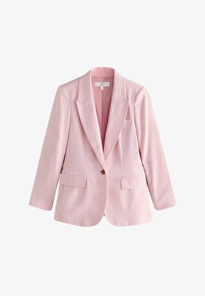 Sacou roz deschis cu nasture simplu, revere cu decupaj, buzunare frontale cu clapetă și buzunar la piept tip welt, confecționat din stofă de in.