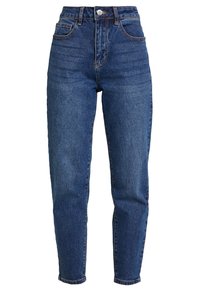 Džíny s vysokým pasem v modré barvě vyrobené z denimu, s pěti kapsami, zapínáním na zip a jemným vyblednutím na stehnech a kolenou.