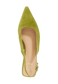 Green suede pointed-toe slingback shoe with an open side design and a thin ankle strap. Features a smooth tan insole and subtle branding.