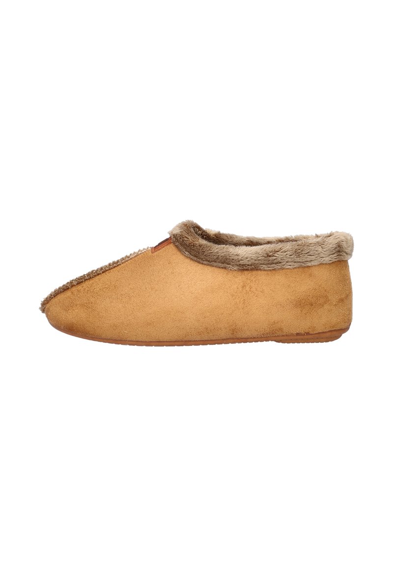 Tan suede pantoffel met een zachte bontvoering, lichtpuntige neus en een vlakke rubberen zool voor verbeterde grip en comfort.