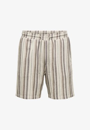 Pantaloncini a righe beige e marroni in tessuto intrecciato con cintura elastica e tasche laterali.