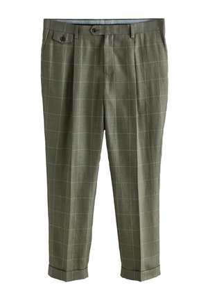 Olivgrüne maßgeschneiderte Hose mit weißem Fensterkaro-Muster, umgeschlagenen Säumen, seitlicher Tasche mit Knopf und Gürtelschlaufen.