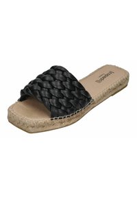 Black woven leather slide sandal with a natural jute sole and stitching detail. Open toe design, featuring a flat profile and minimal accents.