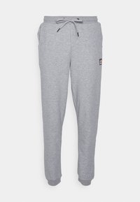 Grijze joggers gemaakt van zachte stof, met een elastische tailleband met trekkoord, zijzakken en geribde boorden.