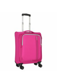 Valigia rosa con un'esterno in tessuto morbido, dotata di una tasca frontale con zip, manico telescopico e quattro ruote girevoli per la massima mobilità.