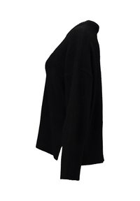 Schwarzer Strickpullover mit hochgeschlossenem Kragen, gerippten Bündchen und lockerer Passform. Das Material wirkt strukturiert und hat eine lässige Silhouette.