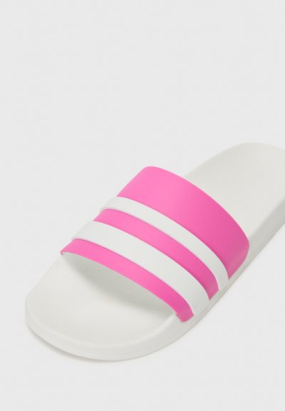 Slide sandal with a white base, featuring three thick pink and white stripes across the upper. Made of smooth, durable material.