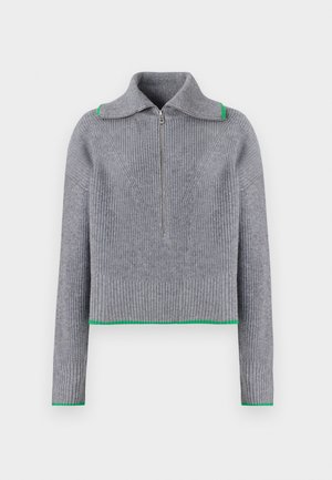 Maglione a coste grigio con colletto zip, caratterizzato da rifiniture verdi all'orlo e ai polsini. Design cropped con maniche lunghe e cuciture testurizzate.