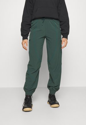Person wearing dark green cargo pants with elastic cuffs and side zippered pockets, paired with black sneakers and a black hoodie.