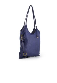Blauwe leren tote bag met lange hengsels, met een slungelige vorm, gladde textuur en een klein goud accent logo. Inclusief verstelbare zijriem.