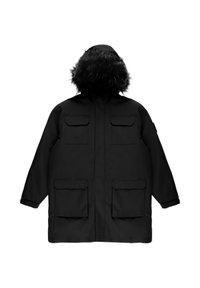 Czarna parka z kapturem wyłożonym sztucznym futrem, wieloma przednimi kieszeniami, zamkiem błyskawicznym i prostym krojem. Matowa faktura z minimalnymi akcentami.
