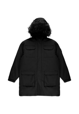 Czarna parka z kapturem wyłożonym sztucznym futrem, wieloma przednimi kieszeniami, zamkiem błyskawicznym i prostym krojem. Matowa faktura z minimalnymi akcentami.