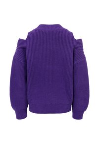 Paarse gebreide trui met een ronde hals, uitsparingen bij de schouders en ribbelboorden aan de mouwen en onderkant. De textuur is dik en snug.