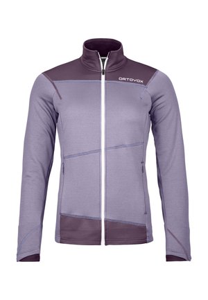 Purple fleece jacket with a high collar, full front zipper, and contrasting darker shoulder and lower hem sections. Features side pockets and stitching details.