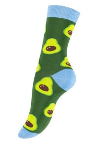 Chaussettes vertes avec une bordure bleu clair ; motif d'avocats jaunes avec des noyaux marron ; texture douce, longueur mi-mollet.