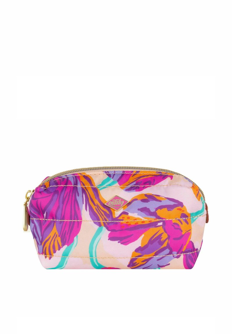 Bloemenpouch in roze stof met levendige paarse, oranje en teal patronen. Gouden rits, ovale vorm en een klein logo detail.