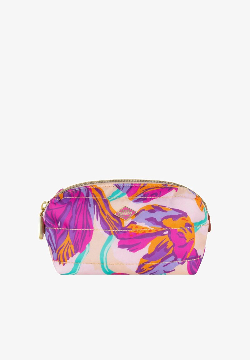 Bloemenpouch in roze stof met levendige paarse, oranje en teal patronen. Gouden rits, ovale vorm en een klein logo detail.