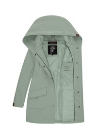Light green raincoat with a hood, featuring zipper and snap closures, two front pockets, and an inner lining displaying a brand label.