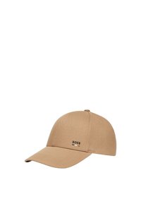 Cappellino da baseball color sabbia con corona arrotondata, visiera curvata e logo "BOSS" nero sul frontale. Realizzato in tessuto strutturato. Cinturino regolabile sul retro.