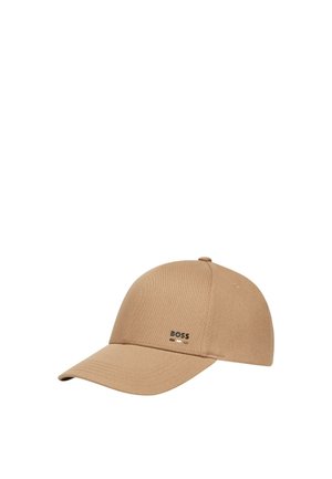 Cappellino da baseball color sabbia con corona arrotondata, visiera curvata e logo "BOSS" nero sul frontale. Realizzato in tessuto strutturato. Cinturino regolabile sul retro.