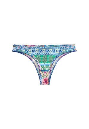 Bunter Bikinihöschen mit blauen, grünen, pinken und orangen tropischen und geometrischen Mustern auf weißem Hintergrund.