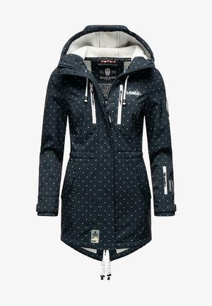 Jūras spēku ūdensnecaurlaidīga jaka ar baltām polka punktiem, ar rāvējslēdzēja kabatām, regulējamu kapuci, auklas vidukli un flīsa oderi apkaklē.