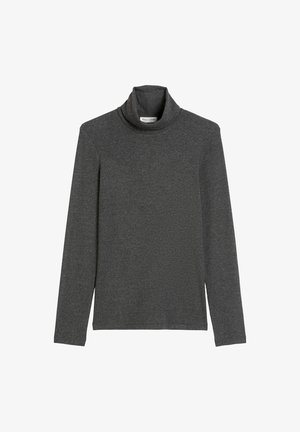 Ciemnoszara bluzka typu golf z długimi rękawami, wykonana z miękkiego, teksturowanego materiału. Posiada wysoki kołnierz oraz luźny krój.