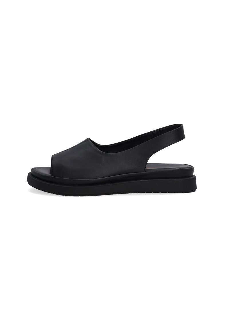 Černé kožené sandály na tkaničku s otevřenou špičkou, plochou gumovou podrážkou, hladkým povrchem a minimalistickým designem. Bez výrazných vzorů či akcentů.