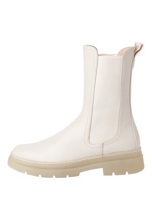 White ankle boot made of smooth leather, featuring elastic side panels, a pull tab, and a textured rubber sole.