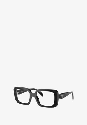 Occhiali da vista quadrati oversize neri con finitura lucida, montatura angolare e dettagli metallici sulle astine. Lenti trasparenti.