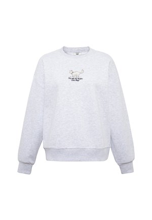 Gray sweatshirt made of soft fabric, featuring a cat embroidery with the text "Pur-set the Rules. Let's Play!" on the chest. Loose fit.