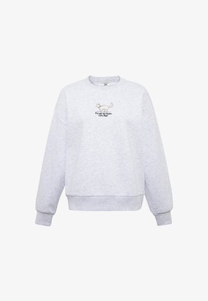 Gray sweatshirt made of soft fabric, featuring a cat embroidery with the text "Pur-set the Rules. Let's Play!" on the chest. Loose fit.