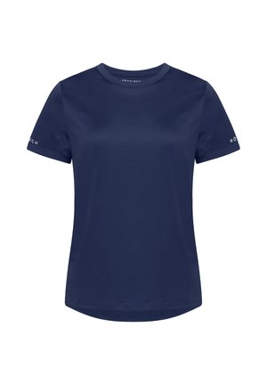 Marineblauw sportief T-shirt met korte mouwen, ronde hals en klein wit Röhnisch-logo op elke mouw tegen een witte achtergrond.