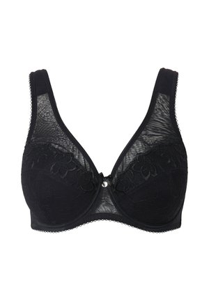 Black bra with lace overlay, floral pattern, molded cups, and adjustable straps. Features scalloped edges and a decorative center detail.