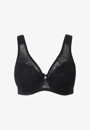 Seno nero con sovrapposizione in pizzo, motivo floreale, coppe sagomate e spalline regolabili. Presenta bordi scallop e un dettaglio decorativo al centro.