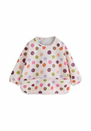 Langärmeliges Baby-Lätzchen mit bunten Punkten in Grün, Pink, Orange, Lila und Braun auf weißem Hintergrund und elastischen Ärmelbündchen.