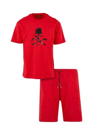 Raudonas medvilnės marškinėlių ir šortų komplektas su kaukolės ir kaulų kryžiaus dizainu, juodais akcentais, viso paviršiaus mažų kaukolių spausdinimu ir elastine juostele.