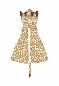 Peldmētelis ar žirafes rakstu bēšā un brūnā krāsā, ar kapuci, ausīm, astiņu un mīkstu tekstūru. Atvērts priekšpuses dizains.