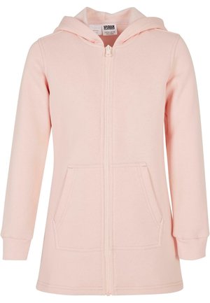 Sweat à capuche zippé rose clair avec poches kangourou à l’avant, manches longues, poignets côtelés et capuche, conçu pour un usage décontracté.