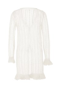 Cardigan bianco lavorato a maglia con scollo a V, apertura frontale e maniche lunghe. Presenta un motivo testurizzato e dettagli arricciati ai polsini delle maniche.