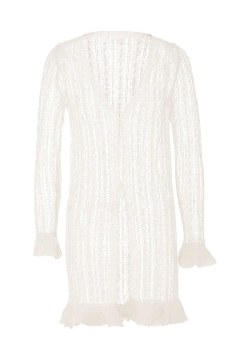 Cardigan bianco lavorato a maglia con scollo a V, apertura frontale e maniche lunghe. Presenta un motivo testurizzato e dettagli arricciati ai polsini delle maniche.