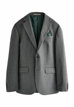 Blazer gris con un diseño a medida, cierre de botón, dos bolsillos frontales y un forro texturizado verde. Incluye un pañuelo de bolsillo.