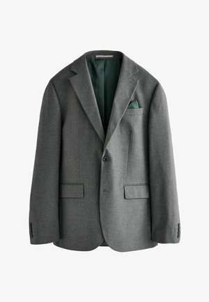Grå blazer med skräddarsydd design, knäppning, två framfickor och en texturerad grön foder. Inkluderar en fickkvadrat.