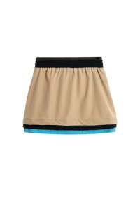 Falda beige con cintura elástica negra y borde de capas negras y azules en el dobladillo, mostrada sobre un fondo blanco.