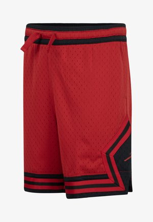 Calças de desporto vermelhas em tecido de rede, com detalhes em preto, uma cintura baixa com cordão e um padrão geométrico na lateral.