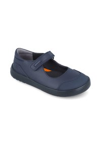Zapato estilo Mary Jane de color azul marino con una correa de Velcro, suela de goma, parte superior sintética y un interior acolchado. Presenta un diseño de puntera redondeada.